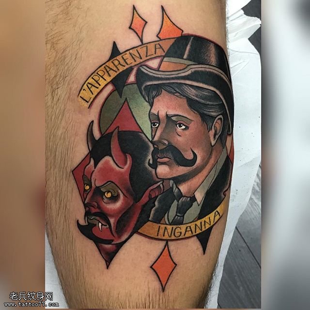 腿部大胡子般若纹身图案