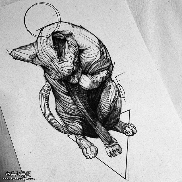 手稿线条经典猫咪纹身图案