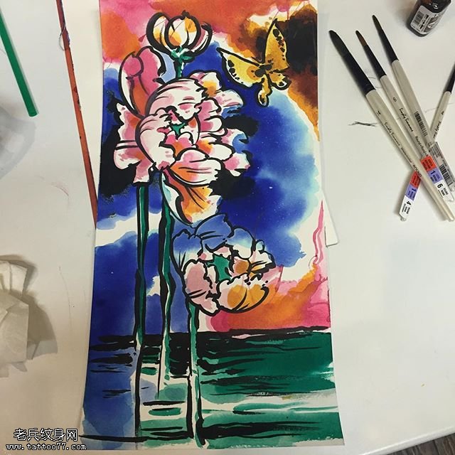 手稿泼墨牡丹纹身图案