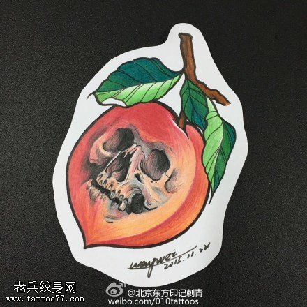 手工桃子骷髅纹身图案