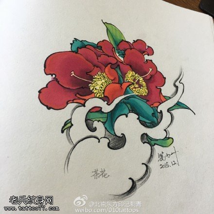 手稿漂亮的茶花纹身图案