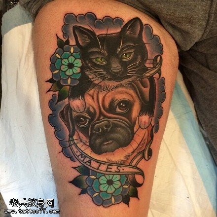 可爱的猫咪和狗狗纹身图案