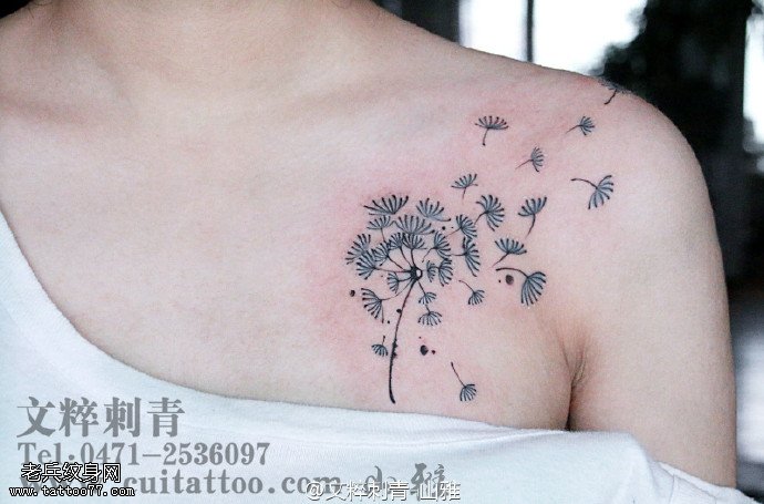 肩膀自由的蒲公英纹身图案