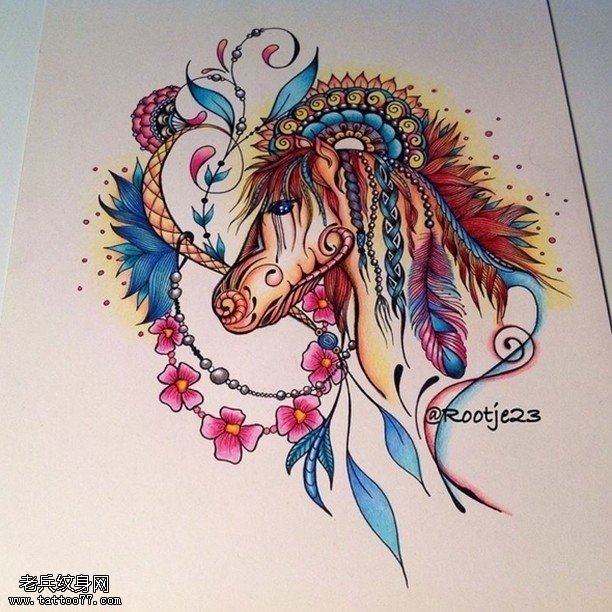 手稿彩绘骏马纹身图案