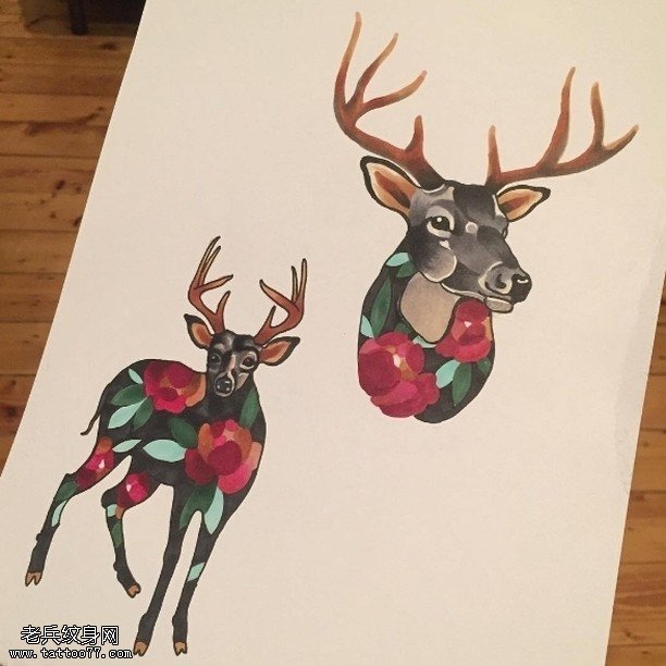 手稿彩绘灵鹿纹身图案