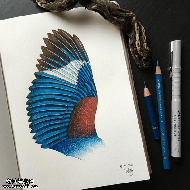 手稿彩绘的翅膀纹身图案