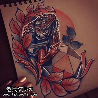 手稿立体树叶金蝉纹身图案