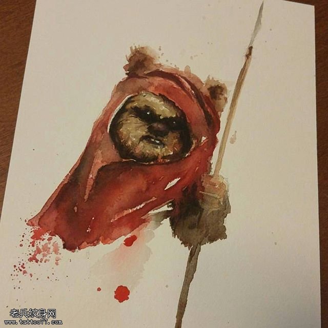 手稿水墨的小熊纹身图案