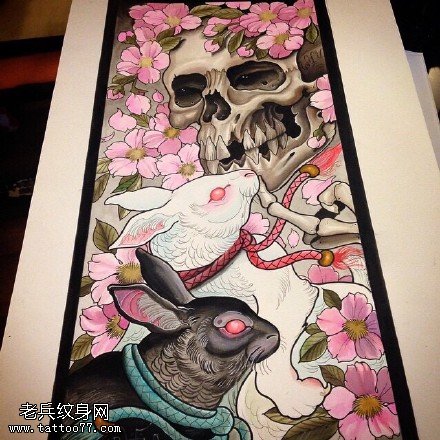 手稿彩绘樱花兔子骷髅纹身的图案