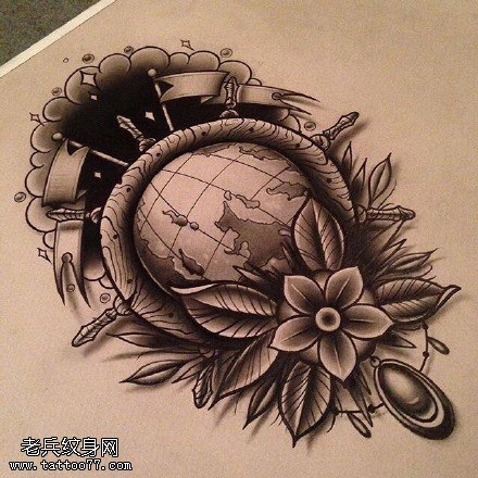 手稿地球仪花卉纹身图案