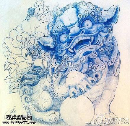 手稿素描石狮子纹身图案