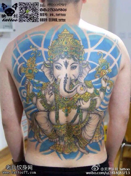 满背彩绘象神纹身图案