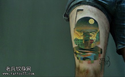 大腿彩绘城市纹身图案