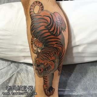小腿部的下山虎纹身图案