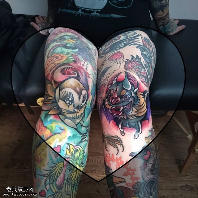 腿部彩绘鸟儿纹身图案
