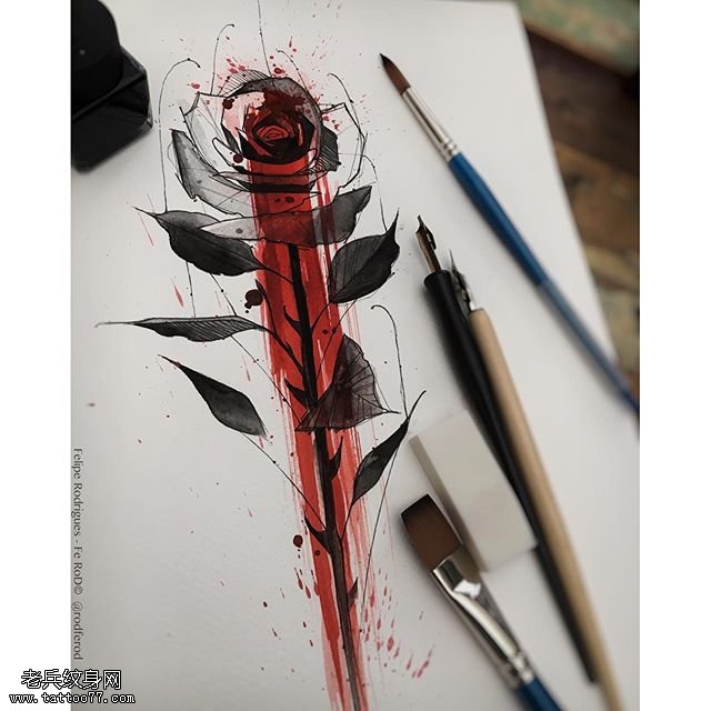 手稿水母荆棘玫瑰纹身图案