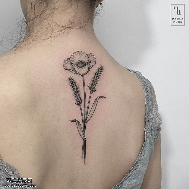 背部写实花卉麦穗纹身图案