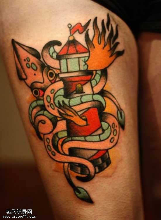 腿部章鱼纹身图案