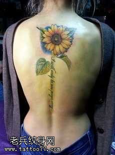 背部漂亮向日英文葵纹身图案