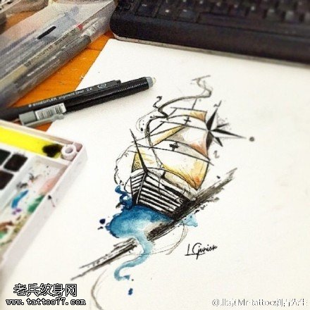 手稿帆船纹身图案