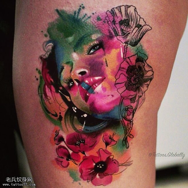 大腿水彩肖像纹身图案