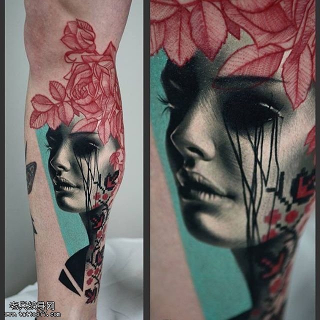 小腿艺术风美女纹身图案