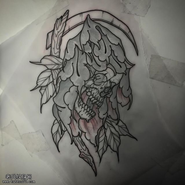 手稿线条镰刀骷髅纹身图案