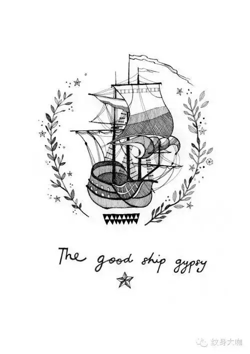 大气的帆船纹身手稿