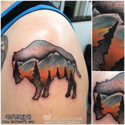 肩膀的动物风景纹身图案