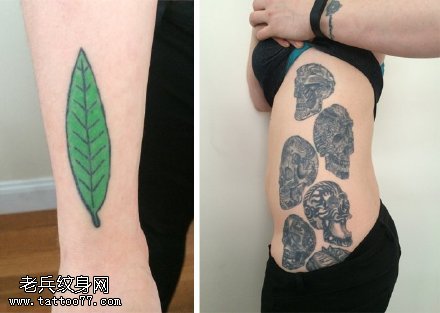 经典骷髅树叶纹身图案