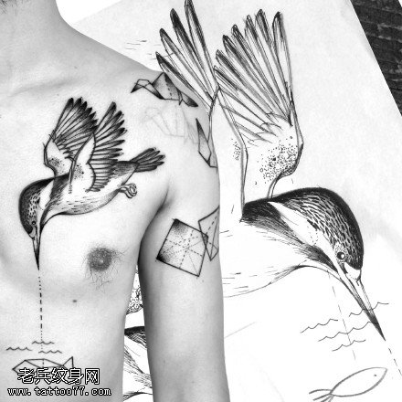 肩膀的翠鸟纹身图案