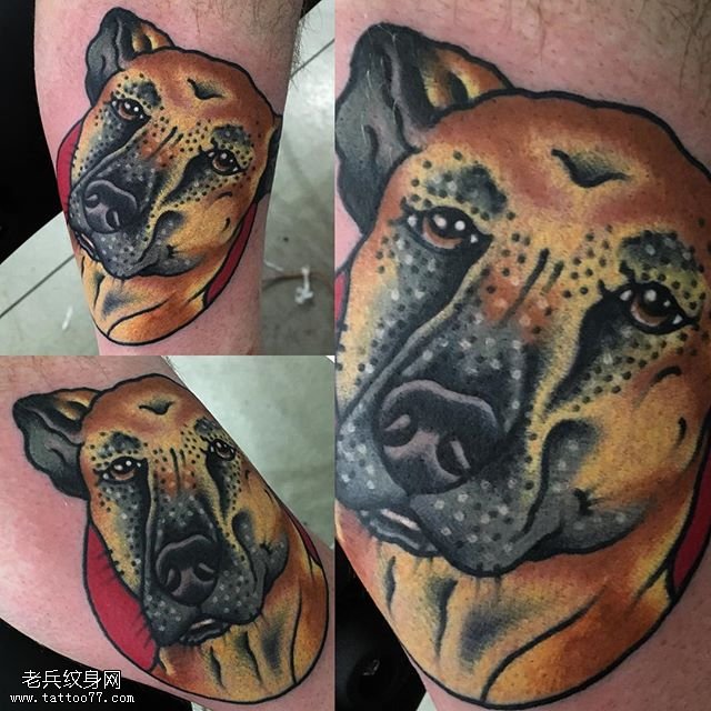 小腿部写实的狗狗纹身图案