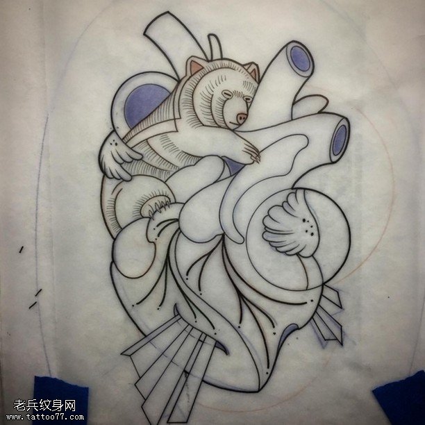 手稿线条熊纹身图案