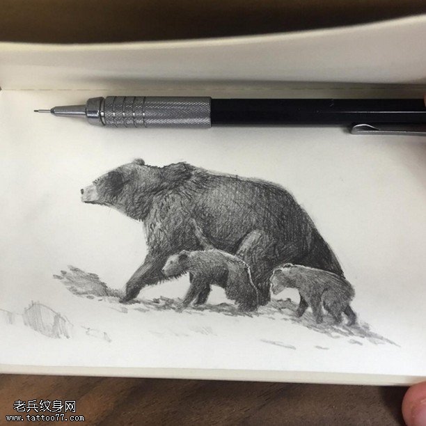 手稿素描熊妈妈带着小熊纹身图案