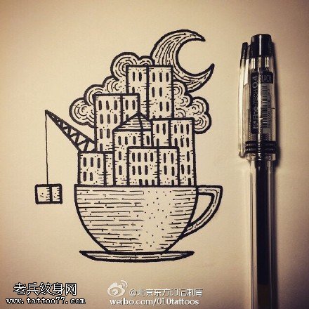 手稿点刺碗里的城堡纹身图案