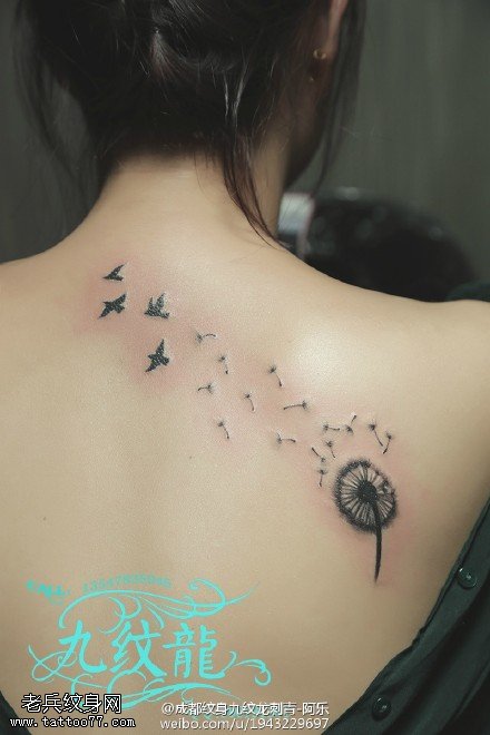 美女背部蒲公英纹身图案