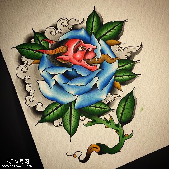 手稿玫瑰般若纹身图案