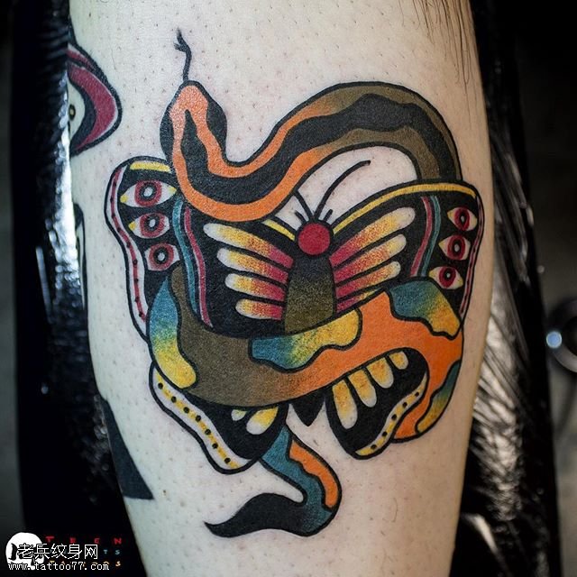 小腿彩绘蝴蝶蛇纹身图案