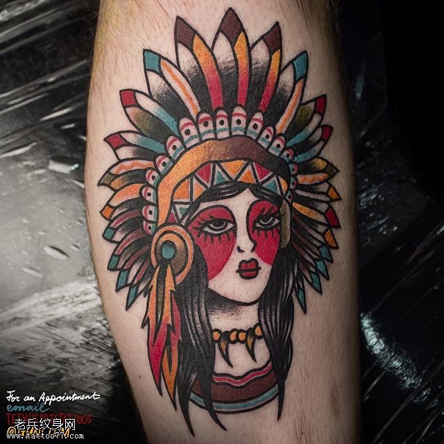 小腿印第安美女纹身图案