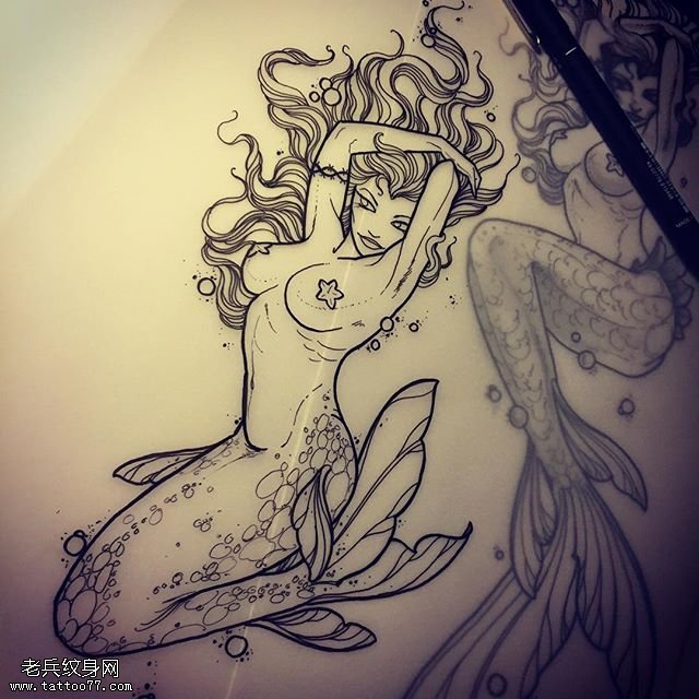 手稿经典美人鱼纹身图案