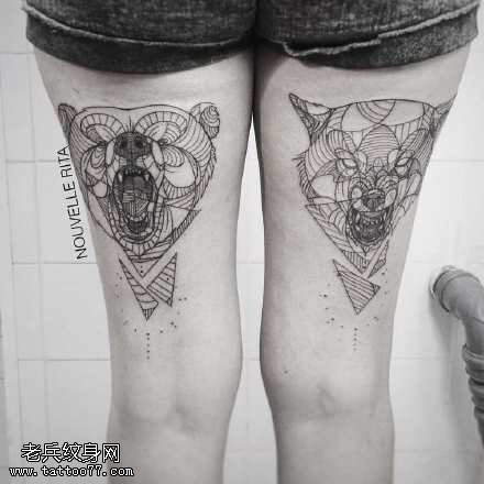 大腿几何元素的狗熊纹身图案