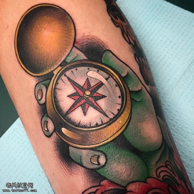 腿部写实的指南针纹身图案
