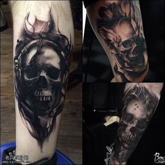小腿水墨骷髅纹身图案