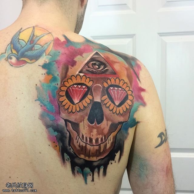 肩部水彩骷髅纹身图案