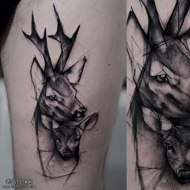 大腿立体线条两只鹿纹身图案