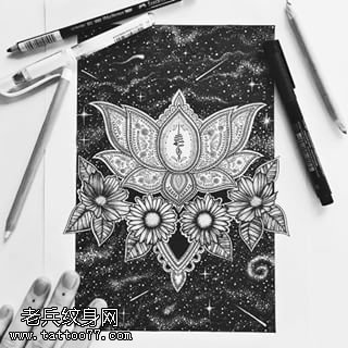 手稿精致的莲花座纹身图案