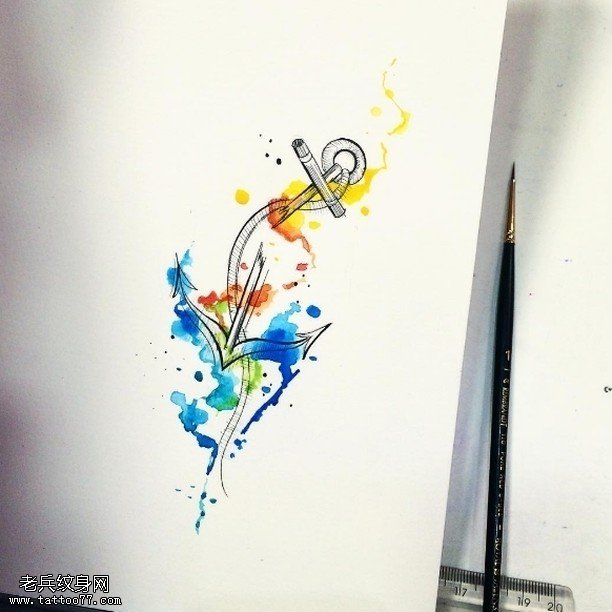 手稿水彩的船锚纹身图案