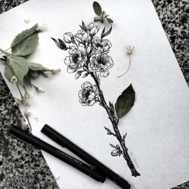 手稿素描一束小花纹身图案