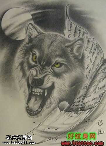 手稿目露凶光狼头纹身图案
