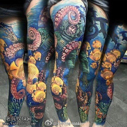 腿上的海底世界纹身图案